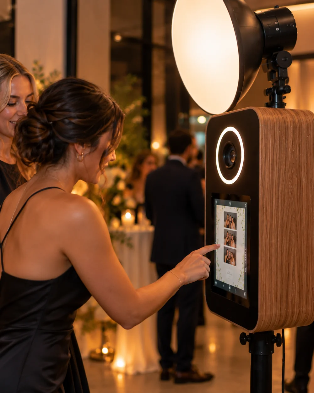 Guest using a digital photo booth touchscreen